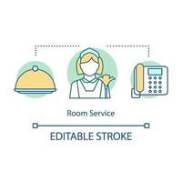 roomservice concept icoon. dineren op de kamer, schoonmaak idee dunne lijn illustratie. telefoon, meid, dienblad met deksel. hotel voorzieningen. vector geïsoleerde overzichtstekening. bewerkbare streek