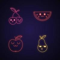 fruit schattige kawaii neonlichtkarakters. watermeloen en kersen met lachend gezicht. blije appel en droevige peer. grappige emoji, emoticon, glimlach. gloeiende pictogrammen. vector geïsoleerde illustratie