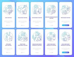 voedselproducten testen lab blauwe gradiënt onboarding mobiele app schermset. walkthrough 5 stappen grafische instructiepagina's met lineaire concepten. ui, ux, gui-sjabloon. talloze pro-bold, reguliere lettertypen gebruikt vector