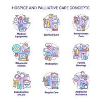 hospice en palliatieve zorg concept pictogrammen instellen. geduldige dienst. geneeskunde en gezondheidszorg idee dunne lijn kleurenillustraties. geïsoleerde symbolen. roboto-medium, talloze pro-bold lettertypen gebruikt vector