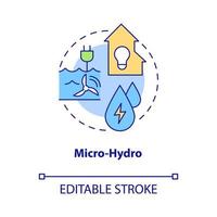 micro hydro concept icoon. landelijke elektrificatie technologie abstracte idee dunne lijn illustratie. geïsoleerde overzichtstekening. bewerkbare streek. roboto-medium, talloze pro-bold lettertypen gebruikt vector