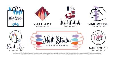 nagellak studio icon set collectie met vrouw hand logo ontwerp premium vector