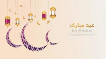 eid mubarak islamitische witte luxe patroon achtergrond met halve maan sterren en decoratieve lantaarns vector