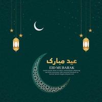 eid mubarak islamitische arabische groene luxe achtergrond met geometrisch patroon en mooie halve maan ornament met lantaarns vector