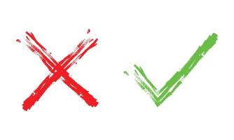 hand getekend groen vinkje en rood kruis geïsoleerd op een witte achtergrond. ja en geen pictogram. vectorillustratie. vector