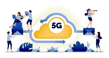 illustratieontwerp van 5g maakt e-mailcommunicatie gemakkelijker met cloudnetwerken die integreren met cloud. vector kan worden gebruikt voor web, website, poster, mobiele apps, brochureadvertenties, flyer, visitekaartje