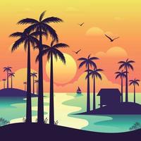 kleurrijke zonsondergang op het tropische eiland. prachtige oceaan strand met palmen illustratie, cartoon plat panoramisch landschap, zonsondergang met de palmen op kleurrijke achtergrond