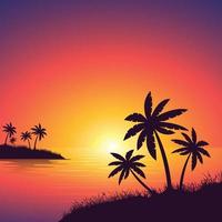 kleurrijke zonsondergang op het tropische eiland. prachtige oceaan strand met palmen illustratie, cartoon plat panoramisch landschap, zonsondergang met de palmen op kleurrijke achtergrond