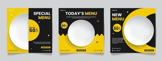 sjabloon voor sociale media voor eten, met bordvariaties, gele en zwarte achtergrond vector