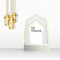 islamitisch ontwerp voor eid al-fitr gouden lamp en een podium aan de deur vector