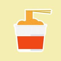 instant ramen-beker in vlakke stijl. noodle cup met eetstokje cartoon afbeelding met emoji en expressie. kan gebruiken voor restaurant, resto, mascotte, chinees. japans, aziatisch vector