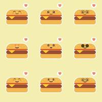 hamburger. schattig en kawaii fastfood vector tekenset geïsoleerd op kleur achtergrond