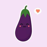 schattig en kawaii aubergine karakter. vectorillustratie van aubergine. geïsoleerd object op een gekleurde achtergrond. vegetarisme, veganist, mascotte, gezonde voeding, biologische groenten. voor restaurant, culinair vector