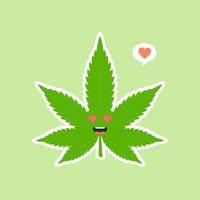 schattig en kawaii lachend gelukkig marihuana onkruid groen blad gezicht. vector platte cartoon karakter illustratie pictogram ontwerp. geïsoleerd op kleur achtergrond. marihuana ganja, medicinale en recreatieve cannabis