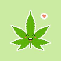 schattig en kawaii lachend gelukkig marihuana onkruid groen blad gezicht. vector platte cartoon karakter illustratie pictogram ontwerp. geïsoleerd op kleur achtergrond. marihuana ganja, medicinale en recreatieve cannabis