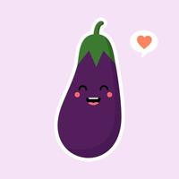 schattig en kawaii aubergine karakter. vectorillustratie van aubergine. geïsoleerd object op een gekleurde achtergrond. vegetarisme, veganist, mascotte, gezonde voeding, biologische groenten. voor restaurant, culinair vector