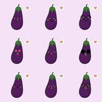 schattig en kawaii aubergine karakter. vectorillustratie van aubergine. geïsoleerd object op een gekleurde achtergrond. vegetarisme, veganist, mascotte, gezonde voeding, biologische groenten. voor restaurant, culinair vector