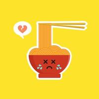 schattig en kawaii ramen bowl karakter in vlakke stijl. noodle met chopstick stripfiguur illustratie met emoji en expressie. kan gebruiken voor restaurant, resto, mascotte, chinees. japans, aziatisch vector