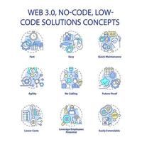 web 3 0 concept pictogrammen instellen. eenvoudige softwareontwikkeling. geen code oplossingen idee dunne lijn kleurenillustraties. geïsoleerde overzichtstekeningen. bewerkbare streek. roboto-medium, talloze pro-bold lettertypen gebruikt vector