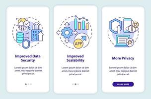 web 3 0 voordelen onboarding mobiele app scherm. geen code optie walkthrough 3 stappen grafische instructiepagina's met lineaire concepten. ui, ux, gui-sjabloon. talloze pro-bold, reguliere lettertypen gebruikt vector