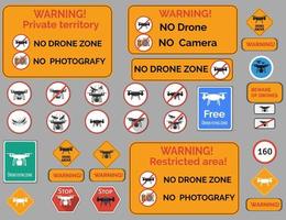 waarschuwingsbord voor drones. vector set van verschillende waarschuwings- en verboden borden met drone quadcopter.