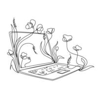 notitieboekje met planten en bloemen schetsen vectorillustratie. planten groeien van laptop zwart wit sketch.concept van digitale technologie en natuur vector