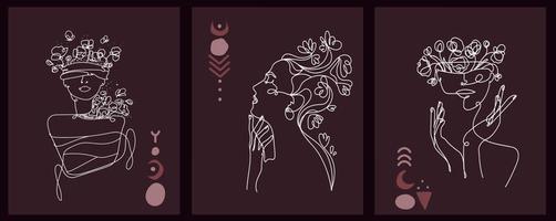 surrealistische gezichten, abstracte vrouwen met bloemen. lijn art posters collectie, vrouwelijke personages met groeiende bloemen in hun hoofd met accult signs.modern art.vector schoonheid en mode ontwerp vector