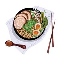 varkensvlees ramen noedels met enoki champignons, ei en zeewier.top view.traditionele Japanse soep miso ramen bowl.vector Aziatisch eten illustratie, hand getekend in cartoon realistische stijl op een witte achtergrond vector