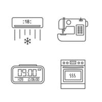 huishoudelijke apparaten lineaire pictogrammen instellen. airconditioning, naaimachine, digitale klok, fornuis. dunne lijn contour symbolen. geïsoleerde vectoroverzichtsillustraties. bewerkbare streek vector