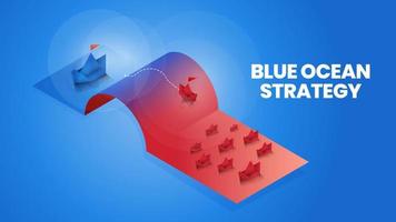 isometrische blauwe oceaanstrategie is vergelijking 2 markt, rode oceaan en blauwe oceaanmarkt en klant voor marketinganalyse en plan.de origamipresentatie metafoor pioniersmarkt heeft geen concurrentie vector