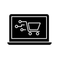 betalingssysteem technologie glyph icoon. silhouet symbool. e-betaling. online winkelen. laptopscherm met winkelwagen. negatieve ruimte. digitale aankoop. vector geïsoleerde illustratie