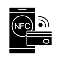 nfc-technologie glyph-pictogram. nearfield communicatie. contactloos betalen. contant betalen via smartphone. silhouet symbool. negatieve ruimte. vector geïsoleerde illustratie