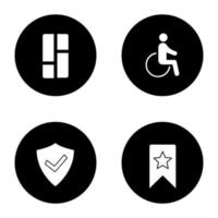 ui ux glyph-pictogrammen instellen. dashboard, toegankelijke, geverifieerde gebruiker, bladwijzer. vector witte silhouetten illustraties in zwarte cirkels