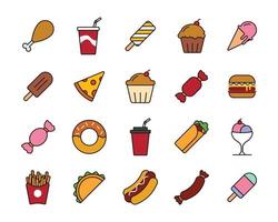 set van eenvoudig voedsel pictogram ontwerp, schattige cartoon afbeelding van menu restaurant in kaderstijl. vector