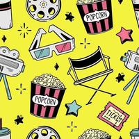 doodle naadloze patroon bioscoop fladderende boord film popcorn 3d bril luidspreker vectorillustratie in doodle stijl geïsoleerd op gele achtergrond vector