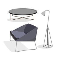 modern interieur meubilair set fauteuil, lamp, salontafel vectorillustratie in vlakke stijl geïsoleerd vector