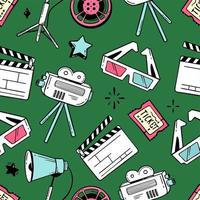 doodle naadloze patroon bioscoop fladderende boord film popcorn 3d bril luidspreker vectorillustratie in doodle stijl geïsoleerd op groene achtergrond vector