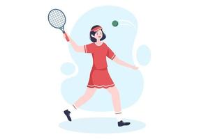 tennisser met racket in de hand en bal op de baan. mensen die sportwedstrijden doen in platte cartoonillustratie vector