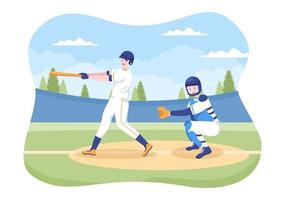 honkbalspeler sporten gooien, vangen of slaan van een bal met vleermuizen en handschoenen dragen uniform op rechtbank stadion in platte cartoon afbeelding vector