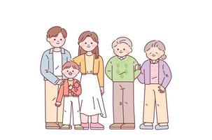 grootvader, grootmoeder, vader, moeder en zoon staan samen en glimlachen gelukkig. vector