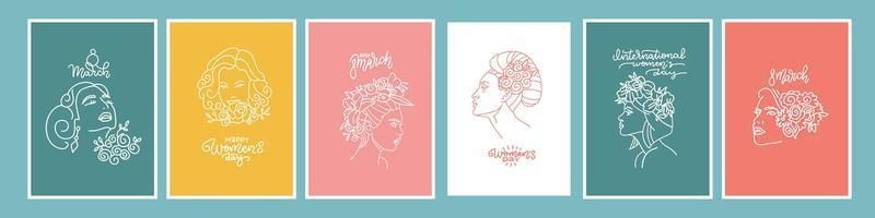 internationale vrouwendag ansichtkaarten collectie. set ansichtkaarten met lijntekeningen portretten van mooie vrouwen met bloemen. sjablonen voor kaarten, posters, flyers. lineaire vectorillustratie met belettering vector