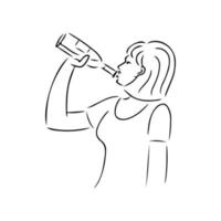 vrouwelijke alcoholisme lineaire tekening. vector zwart-wit afbeelding in schets stijl. een vrouw drinkt wijn uit een fles.