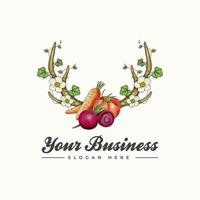 vintage logo met illustratie van hertengewei, bloemranken en fruitgroenten vector