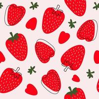helder kleurrijk naadloos patroon met wilde aardbeien op een roze achtergrond. kleine en grote rode bessen. moderne handgetekende illustratie vector