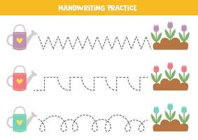 traceerlijnen voor kinderen. schattige gieters en bloemen. Schrijf oefening. vector