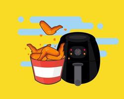 airfryer keukengereedschap. gebakken kip in een emmer. cartoon vectorstijl voor uw ontwerp. vector