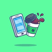 hand telefoon met koffie cartoon vector pictogram illustratie. technologie eten en drinken pictogram concept geïsoleerde premium vector. platte cartoonstijl