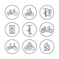 fietsen, wielrenner, fiets, fietsreparatie, lijnpictogrammen in cirkels, vectorillustratie vector