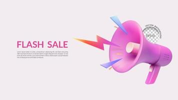 flash verkoop achtergrond, 3d roze megafoon met bliksem, vectorillustratie