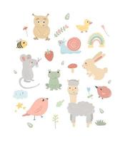 vector hand getekende set tekenfilm dieren en vogels. illustraties van alpaca, muis, kikker, haas. schattige dieren.